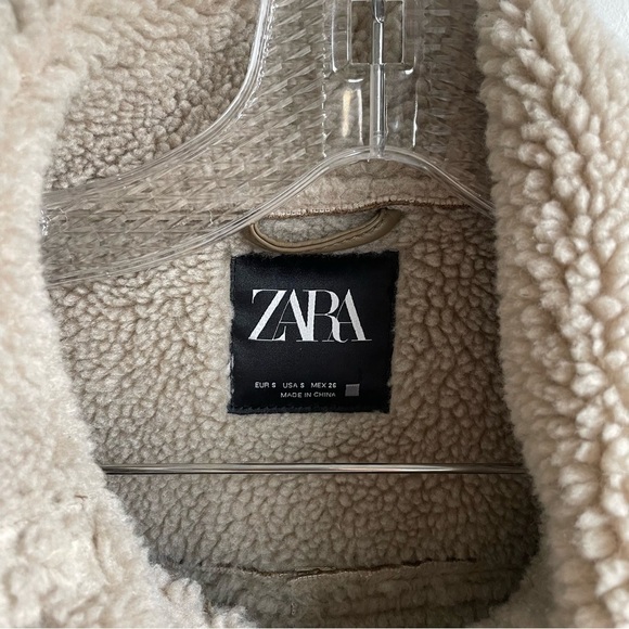 Zara trendy tan beige aviator faux suede Sherpa shearling moto jacket size S - Picture 6 of 15